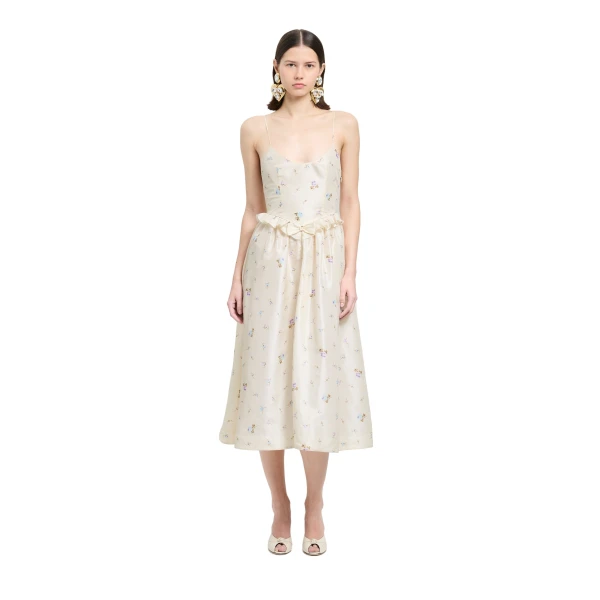 Alessandra Rich Floral-Print Silk Taffeta Midi Dress in White and Multi, view 2