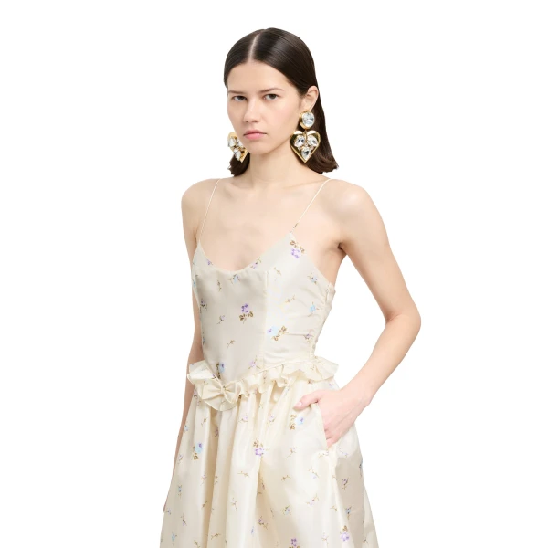 Alessandra Rich Floral-Print Silk Taffeta Midi Dress in White and Multi, view 3
