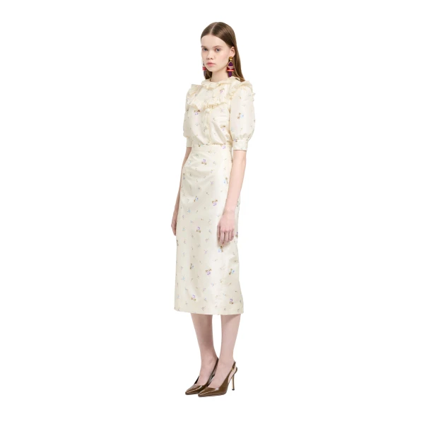 Alessandra Rich Floral-Print Silk Taffeta Midi Skirt in White and Multi, view 2