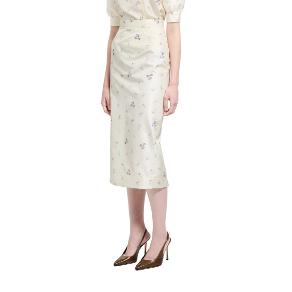 Alessandra Rich Floral-Print Silk Taffeta Midi Skirt in White and Multi, view 3