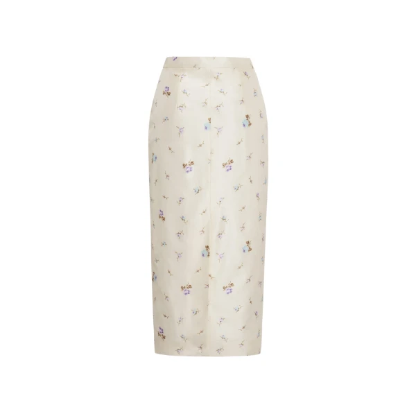 Alessandra Rich Floral-Print Silk Taffeta Midi Skirt in White and Multi, view 5
