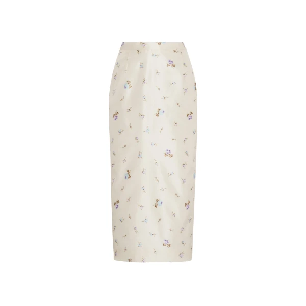 Floral-Print Silk Taffeta Midi Skirt in White and Multi