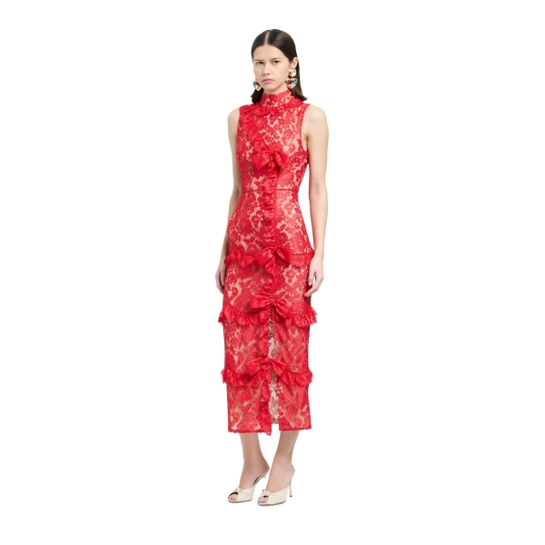 Alessandra Rich Lace High Neck Evening Dress in Red, view 2