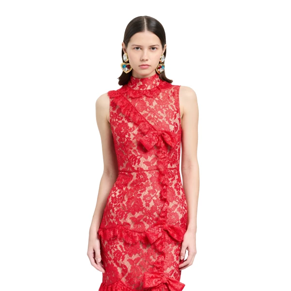 Alessandra Rich Lace High Neck Evening Dress in Red, view 3