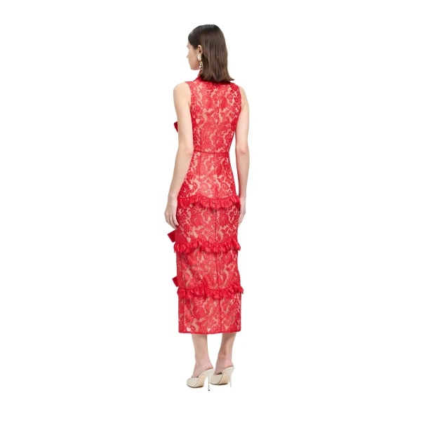 Alessandra Rich Lace High Neck Evening Dress in Red, view 4