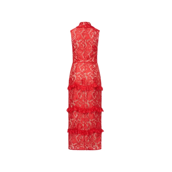 Alessandra Rich Lace High Neck Evening Dress in Red, view 5