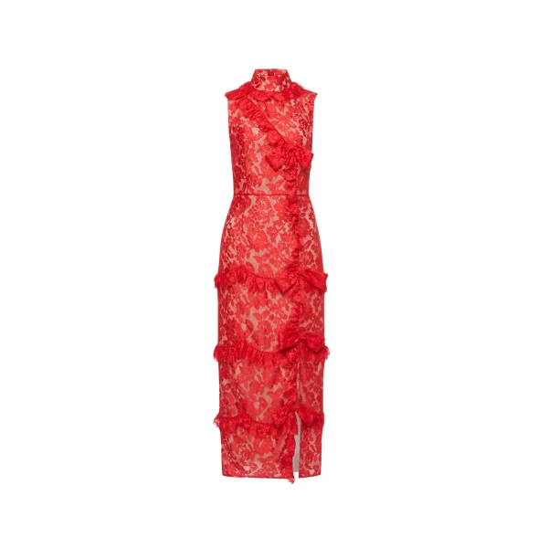 Lace High Neck Evening Dress in Red