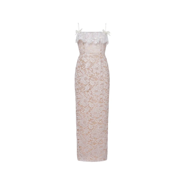 Lace Slip Dress with Sequin-Embroidered Ruffle in Lavender