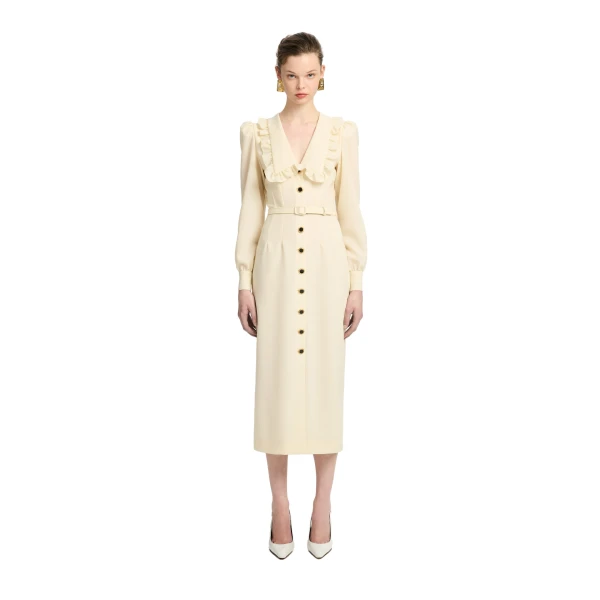 Alessandra Rich Light Wool Crêpe Midi Dress with V-Neckline in Vanilla, view 2