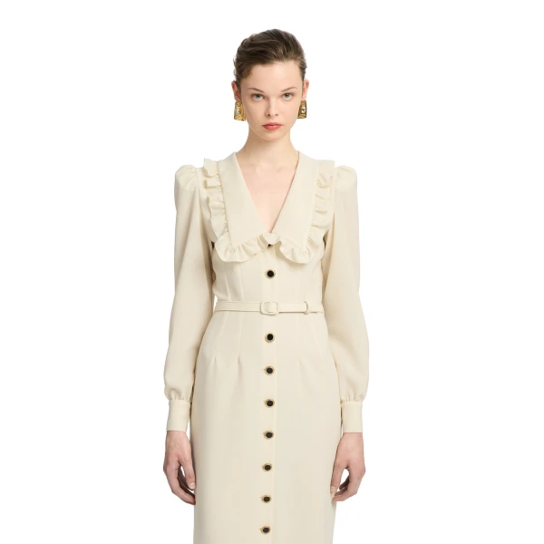 Alessandra Rich Light Wool Crêpe Midi Dress with V-Neckline in Vanilla, view 3