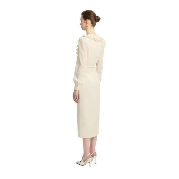 Alessandra Rich Light Wool Crêpe Midi Dress with V-Neckline in Vanilla, view 4