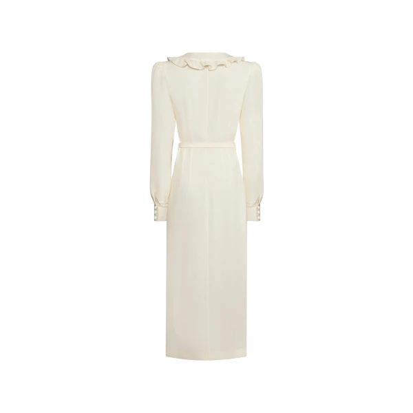 Alessandra Rich Light Wool Crêpe Midi Dress with V-Neckline in Vanilla, view 5