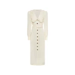 Alessandra Rich Light Wool Crêpe Midi Dress with V-Neckline in Vanilla