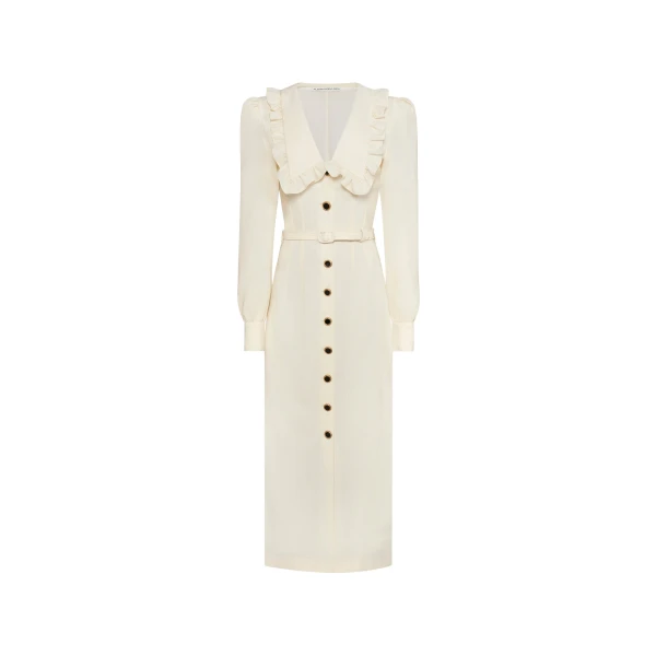 Alessandra Rich Light Wool Crêpe Midi Dress with V-Neckline in Vanilla