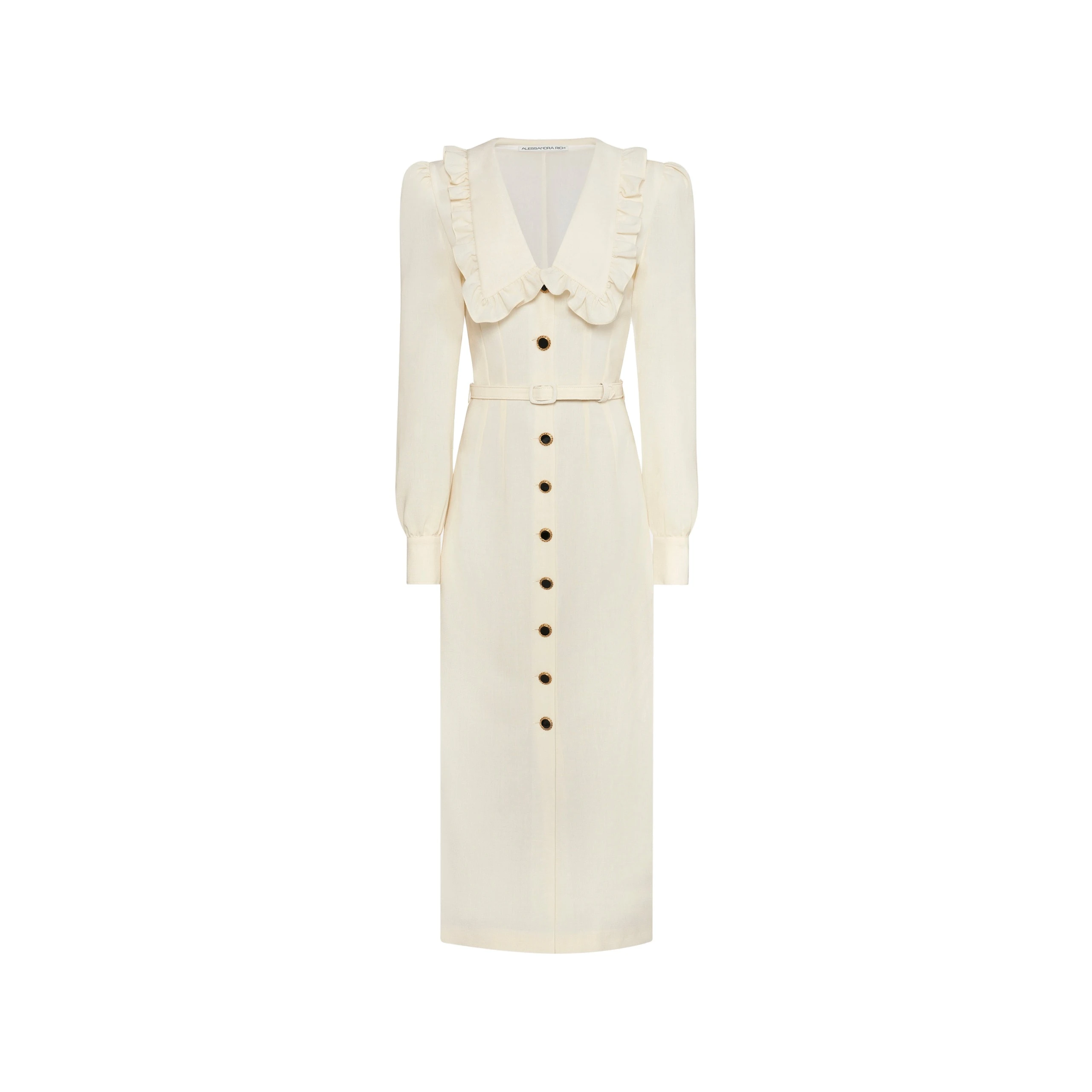 Alessandra Rich Light Wool Crêpe Midi Dress with V-Neckline in Vanilla Alessandra Rich Light Wool Crêpe Midi Dress with V-Neckline in Vanilla