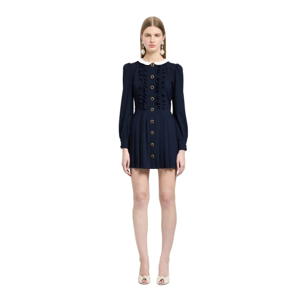 Alessandra Rich Light Wool Crêpe Mini Dress with Pleated Skirt in Dark Blue, view 2