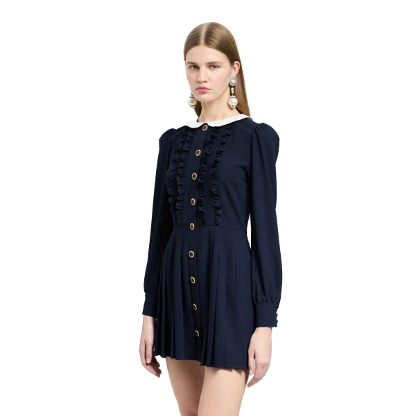 Alessandra Rich Light Wool Crêpe Mini Dress with Pleated Skirt in Dark Blue, view 3