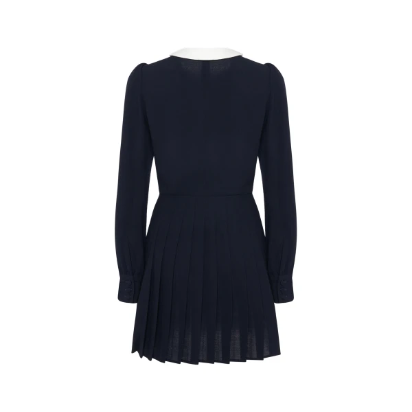 Alessandra Rich Light Wool Crêpe Mini Dress with Pleated Skirt in Dark Blue, view 5