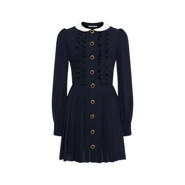 Light Wool Crêpe Mini Dress with Pleated Skirt in Dark Blue