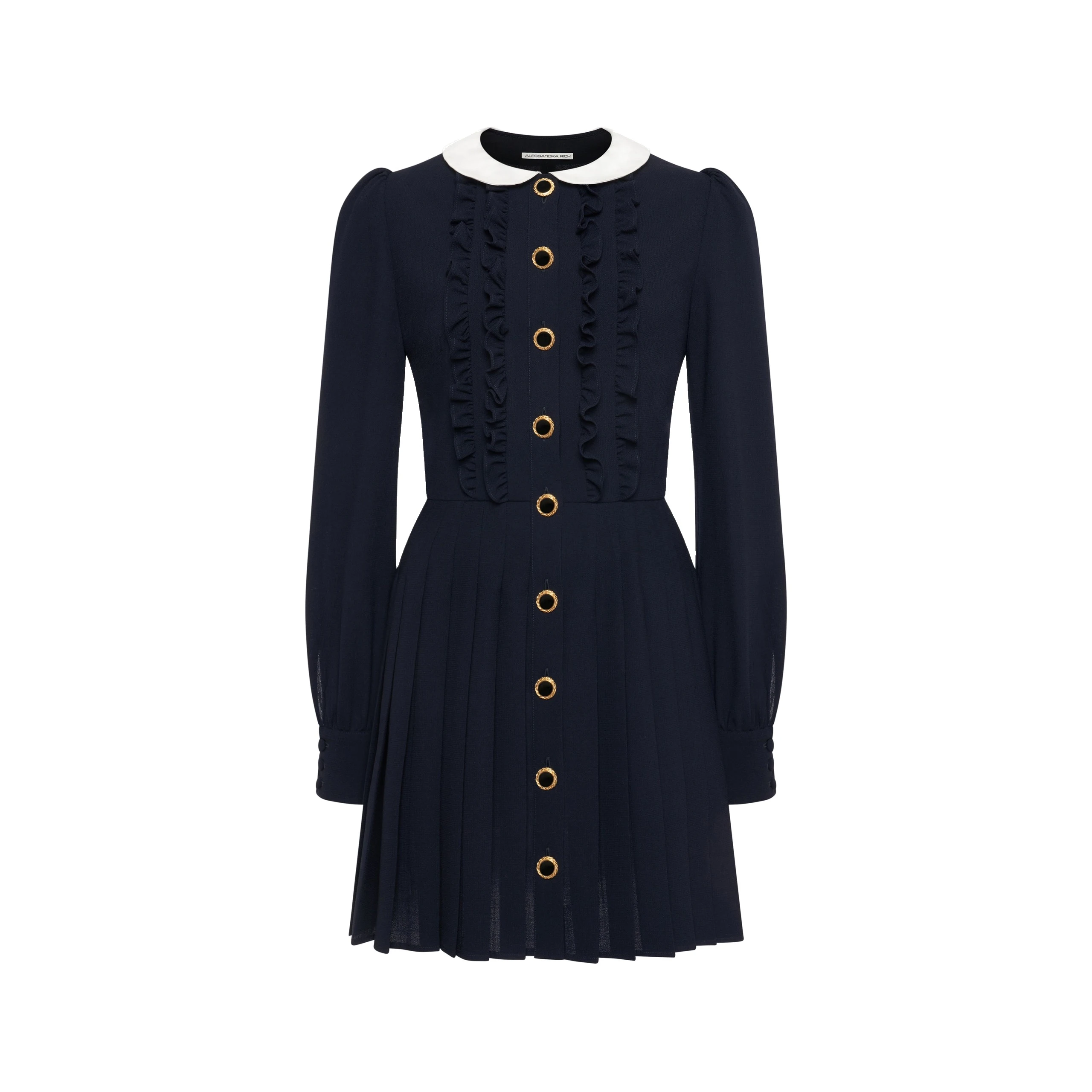 Alessandra Rich Light Wool Crêpe Mini Dress with Pleated Skirt in Dark Blue Alessandra Rich Light Wool Crêpe Mini Dress with Pleated Skirt in Dark Blue