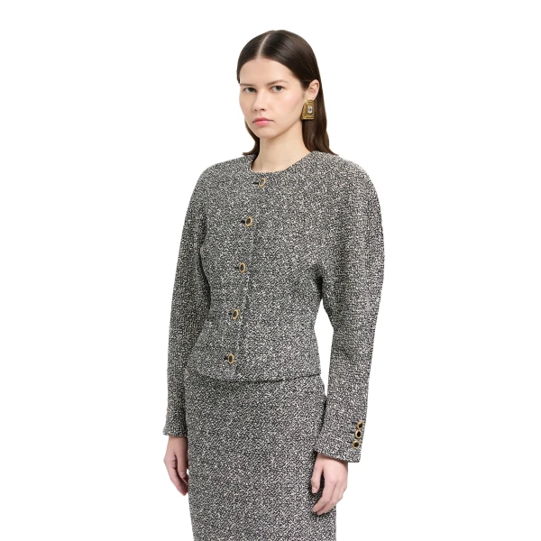 Alessandra Rich Melange Sequin Tweed Jacket in Black and White Melange, view 3