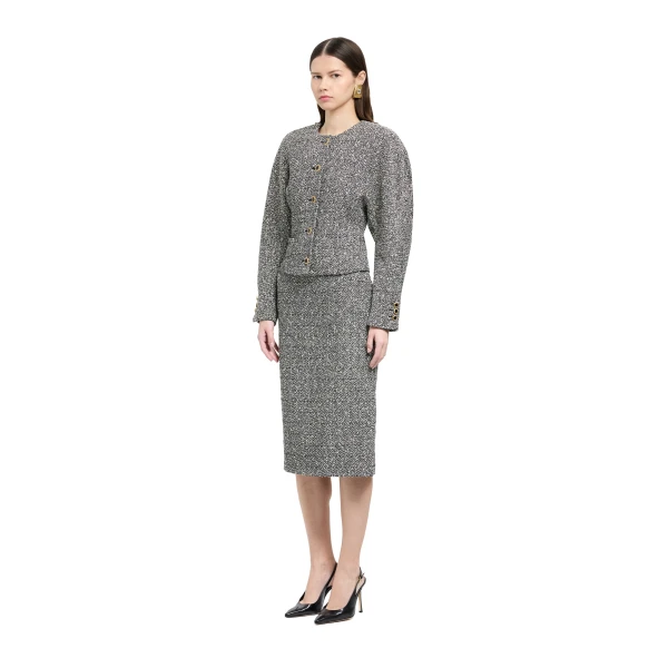 Alessandra Rich Melange Sequin Tweed Midi Skirt in Black and White Melange, view 2