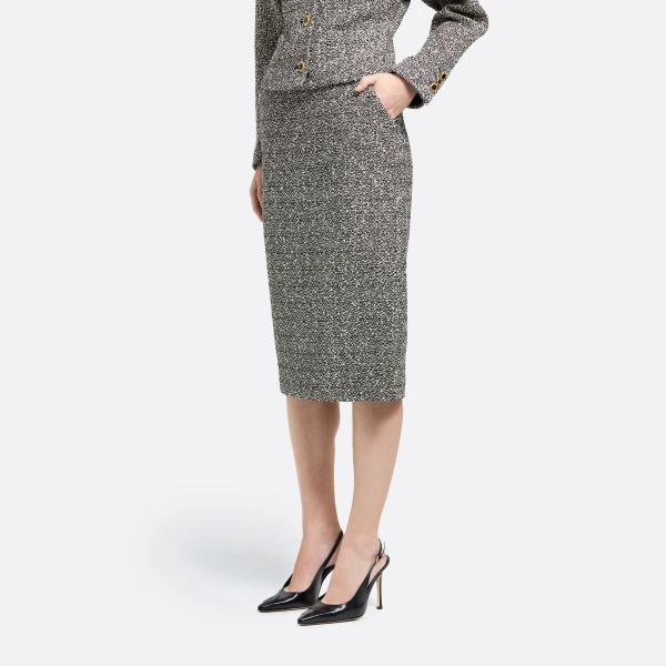 Alessandra Rich Melange Sequin Tweed Midi Skirt in Black and White Melange, view 3