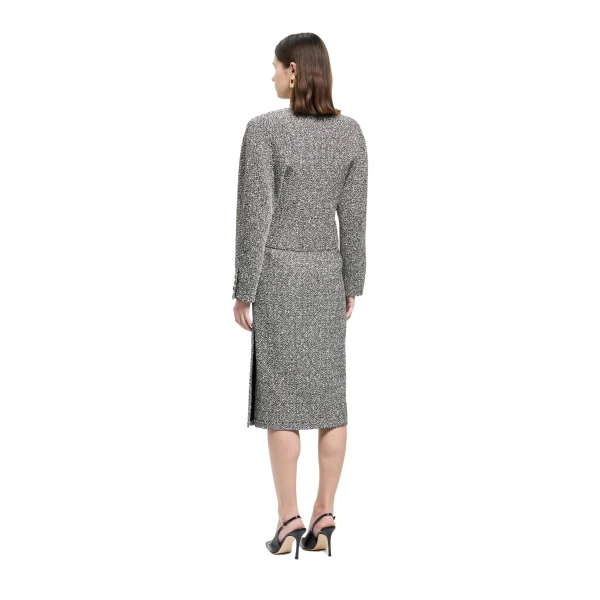 Alessandra Rich Melange Sequin Tweed Midi Skirt in Black and White Melange, view 4