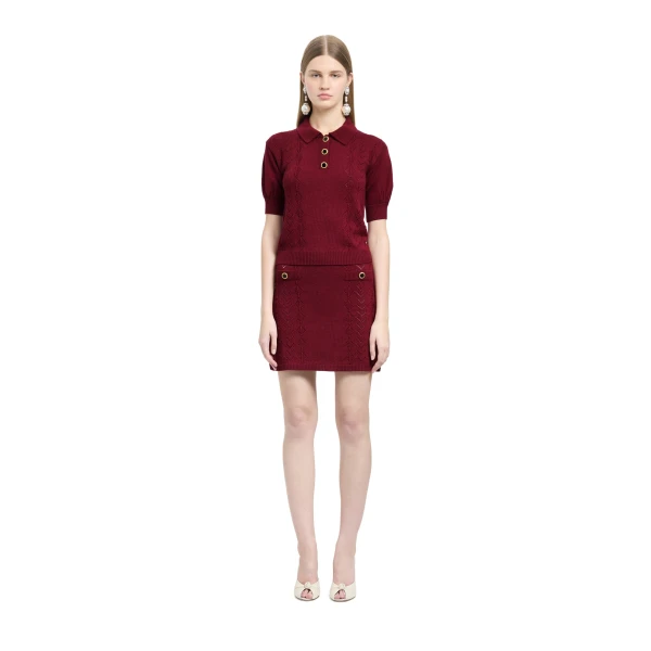 Alessandra Rich Merino Wool Knit Lace-Knit Polo in Bordeaux, view 2