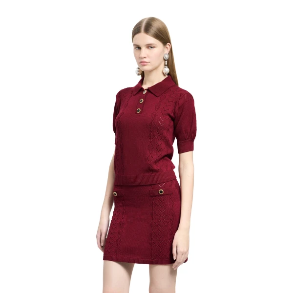 Alessandra Rich Merino Wool Knit Lace-Knit Polo in Bordeaux, view 3