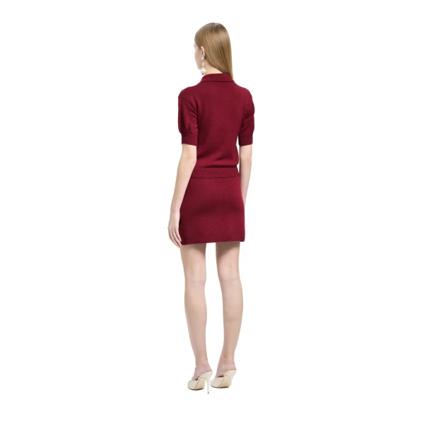 Alessandra Rich Merino Wool Knit Lace-Knit Polo in Bordeaux, view 4