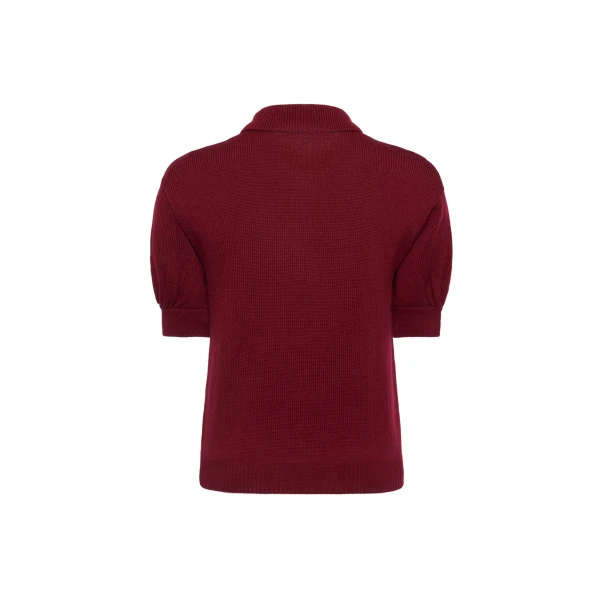Alessandra Rich Merino Wool Knit Lace-Knit Polo in Bordeaux, view 5