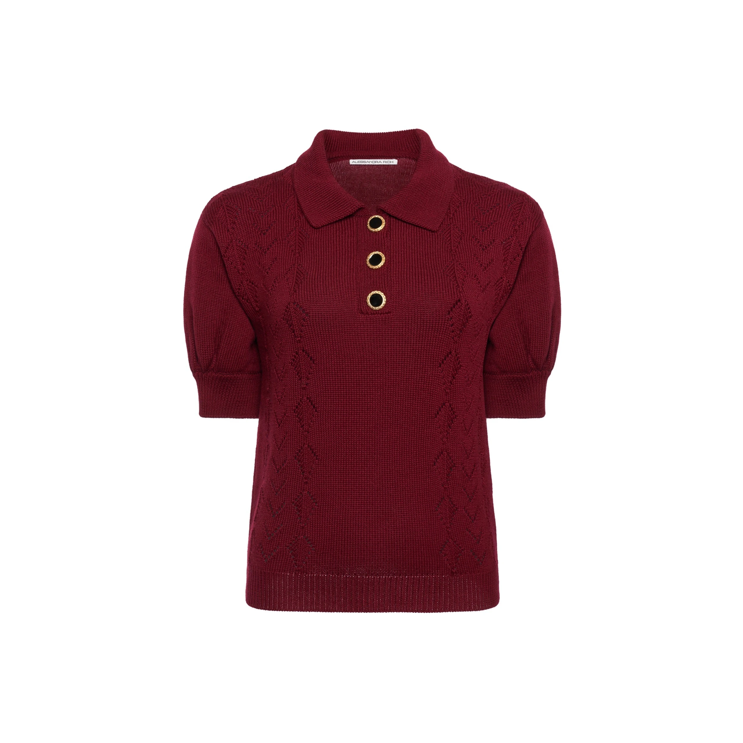 Alessandra Rich Merino Wool Knit Lace-Knit Polo in Bordeaux Alessandra Rich Merino Wool Knit Lace-Knit Polo in Bordeaux