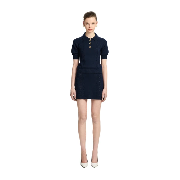 Alessandra Rich Merino Wool Knit Lace-Knit Polo in Navy Blue, view 2