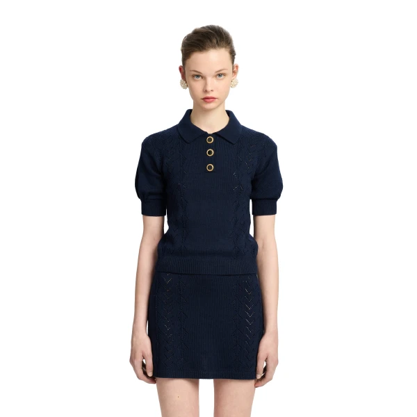 Alessandra Rich Merino Wool Knit Lace-Knit Polo in Navy Blue, view 3