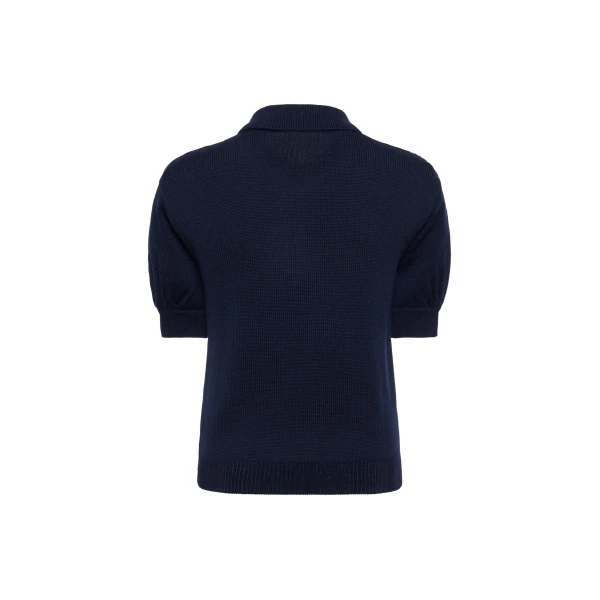 Alessandra Rich Merino Wool Knit Lace-Knit Polo in Navy Blue, view 5