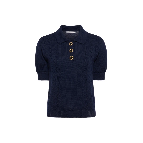 Merino Wool Knit Lace-Knit Polo in Navy Blue