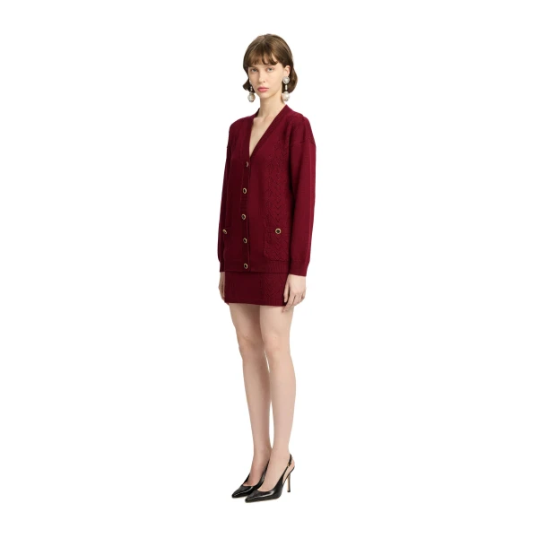 Alessandra Rich Merino Wool Lace-Knit Cardigan in Bordeaux, view 2