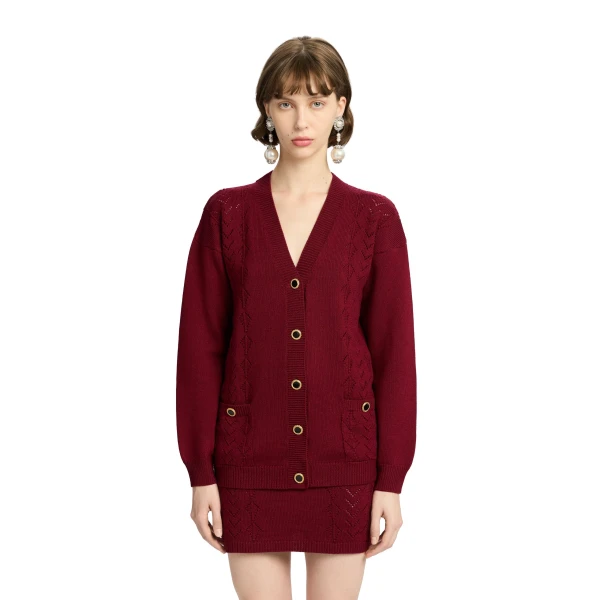 Alessandra Rich Merino Wool Lace-Knit Cardigan in Bordeaux, view 3