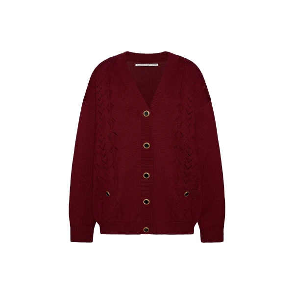 Merino Wool Lace-Knit Cardigan in Bordeaux