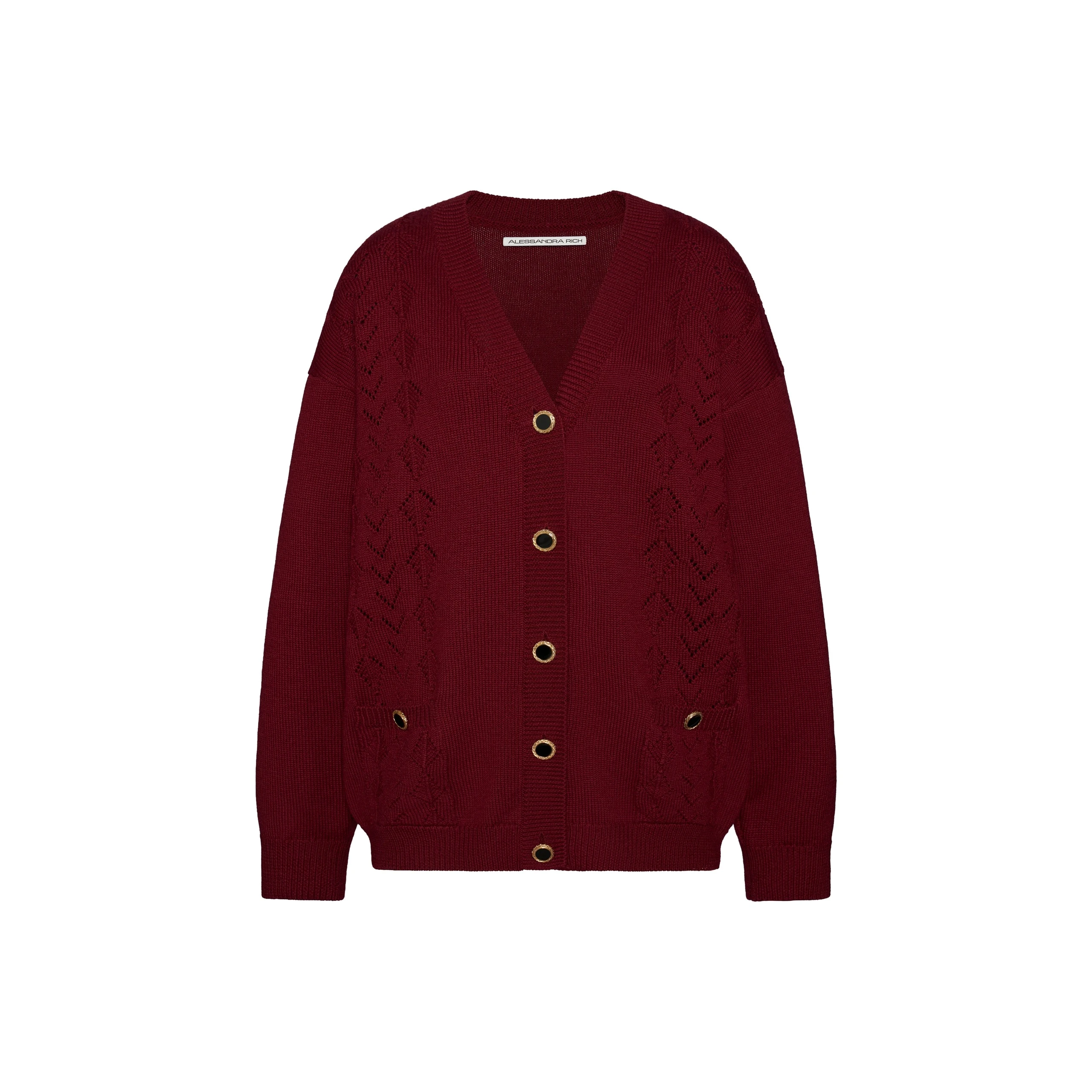 Alessandra Rich Merino Wool Lace-Knit Cardigan in Bordeaux Alessandra Rich Merino Wool Lace-Knit Cardigan in Bordeaux