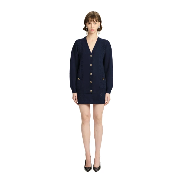 Alessandra Rich Merino Wool Lace-Knit Cardigan in Navy Blue, view 2