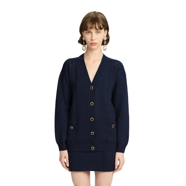 Alessandra Rich Merino Wool Lace-Knit Cardigan in Navy Blue, view 3