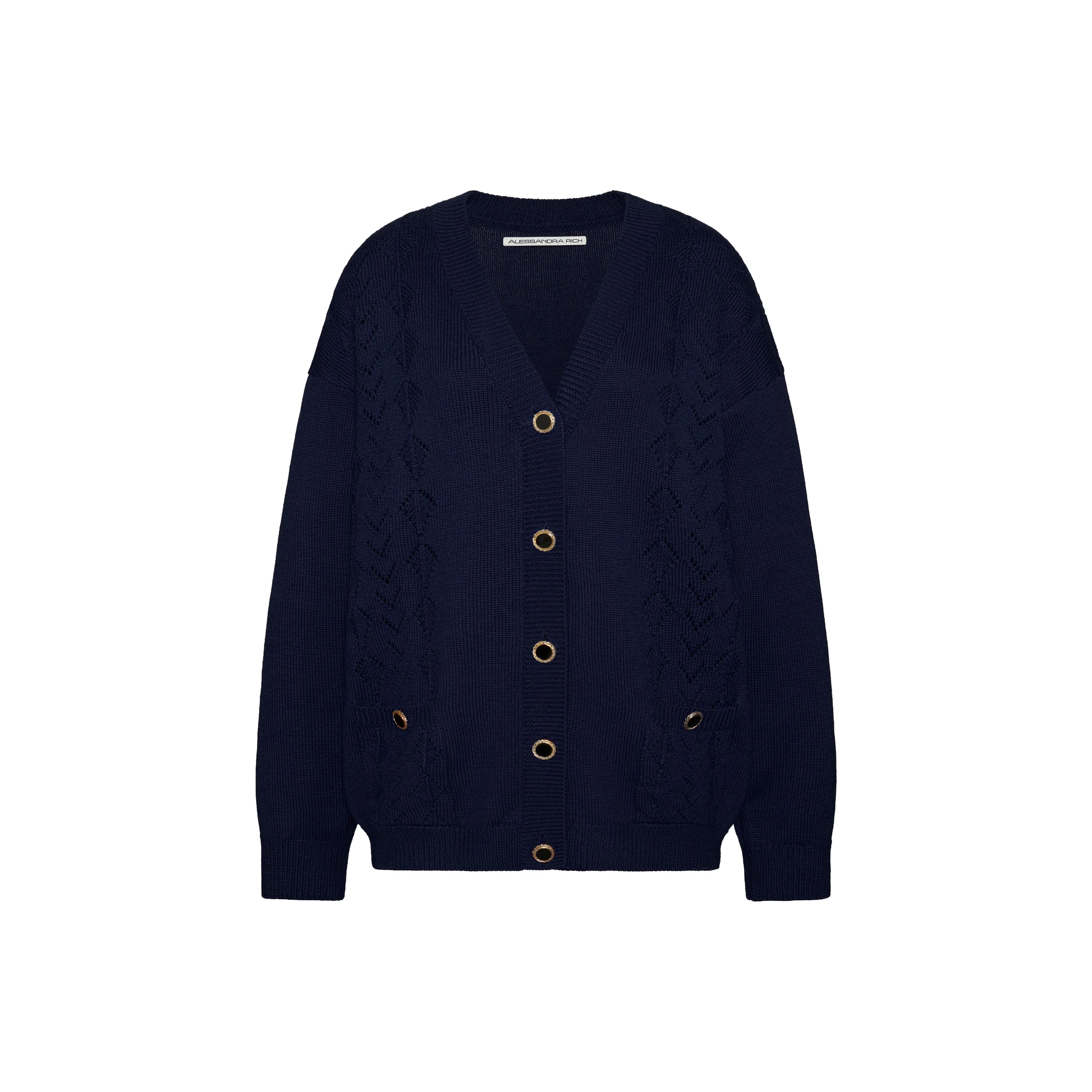 Alessandra Rich Merino Wool Lace-Knit Cardigan in Navy Blue Alessandra Rich Merino Wool Lace-Knit Cardigan in Navy Blue