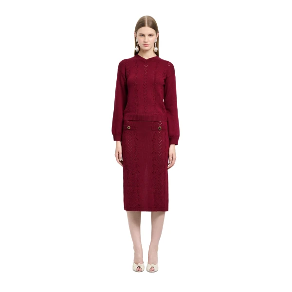 Alessandra Rich Merino Wool Lace-Knit Midi Skirt in Bordeaux, view 2