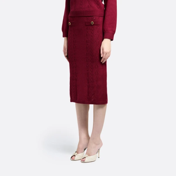 Alessandra Rich Merino Wool Lace-Knit Midi Skirt in Bordeaux, view 3