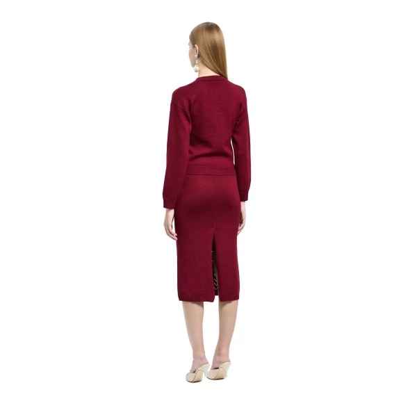 Alessandra Rich Merino Wool Lace-Knit Midi Skirt in Bordeaux, view 4