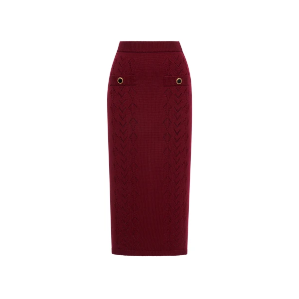Merino Wool Lace-Knit Midi Skirt in Bordeaux