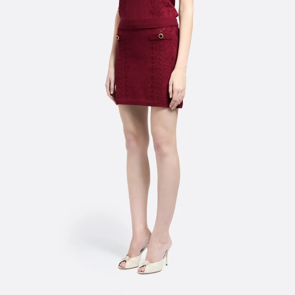 Alessandra Rich Merino Wool Lace-Knit Mini Skirt in Bordeaux, view 3