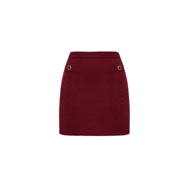 Merino Wool Lace-Knit Mini Skirt in Bordeaux